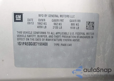 2014 Chevrolet Cruze Ls Auto из США, поврежденный, VIN 1G1PA5SG0E7190408